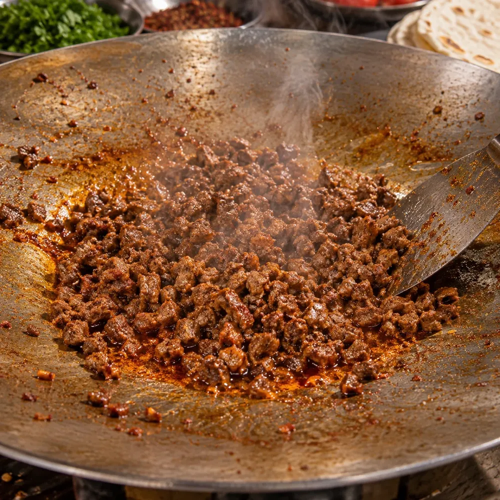 Sacda pişen doğranmış tantuni eti