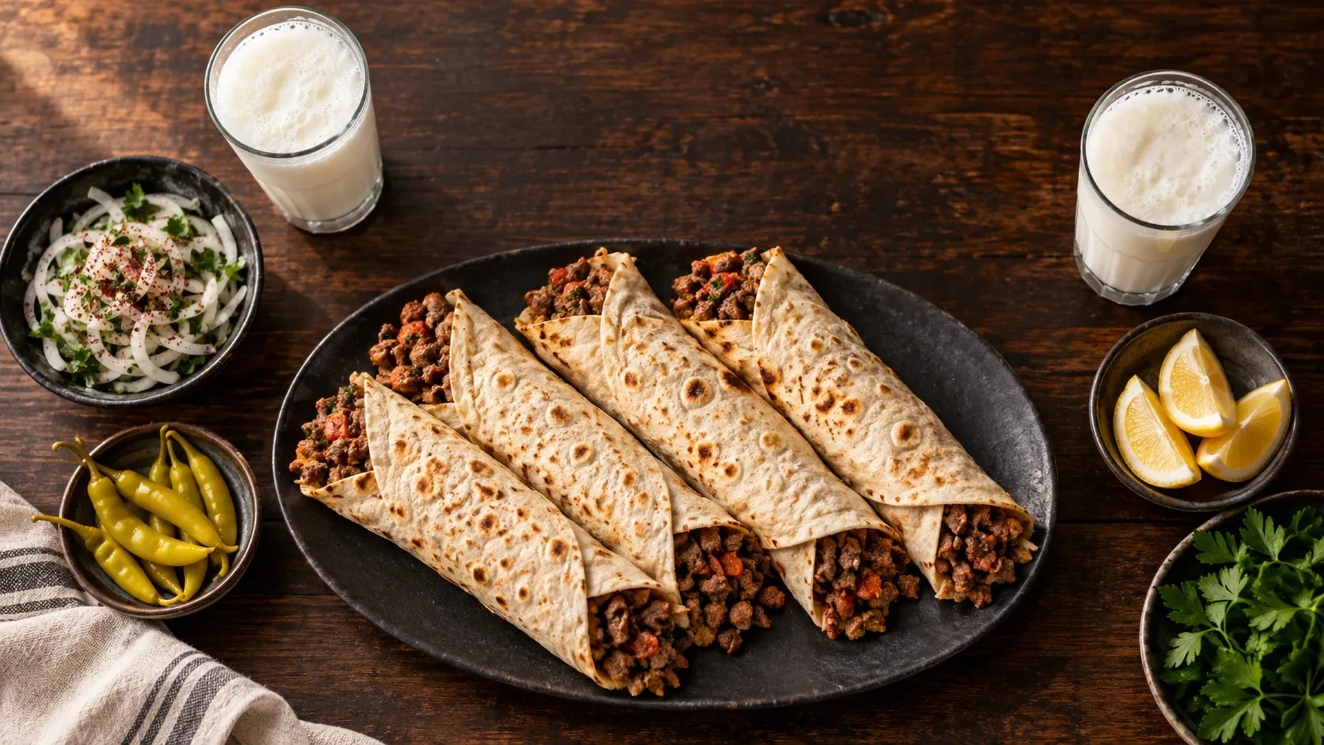Tantuni, turşu, limon ve ayrandan oluşan sofra
